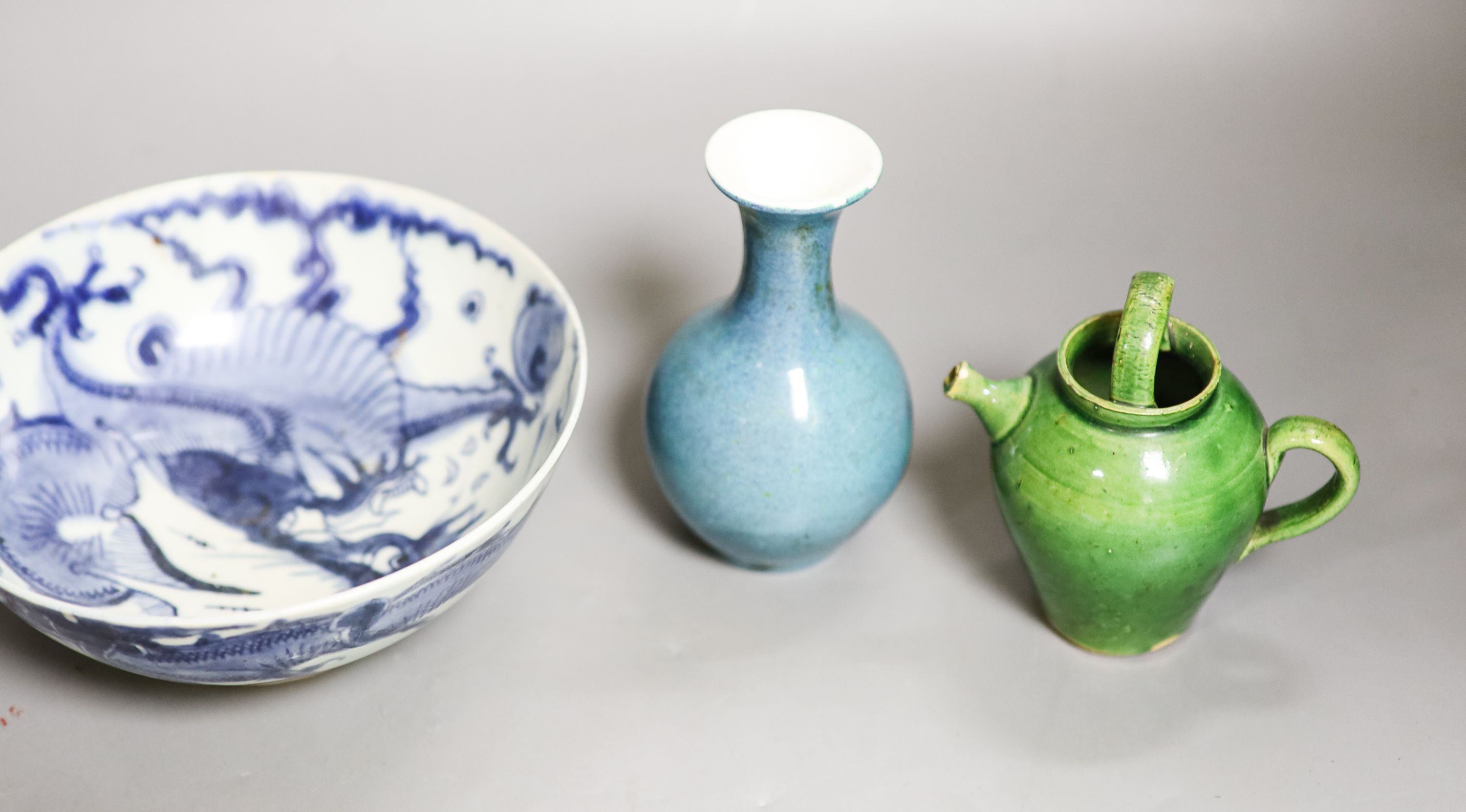 A Chinese robin’s egg glazed vase, a Chinese blue and white ‘dragon’ bowl and a green glazed water pot 18cm